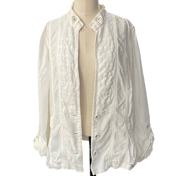Chicos Banded Elegance Jacket Size 2 White Lightweight LINEN Button Up - Picture 11 of 11